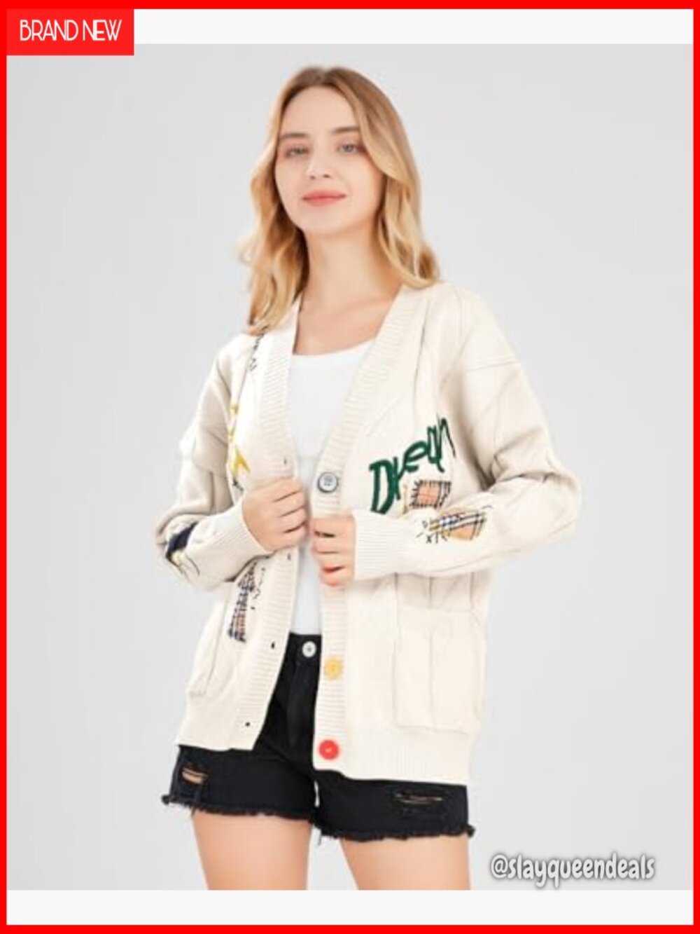 Cable Knit Open Front Cardigan with Embroidery V-Neck Button Down - Picture 4 of 7